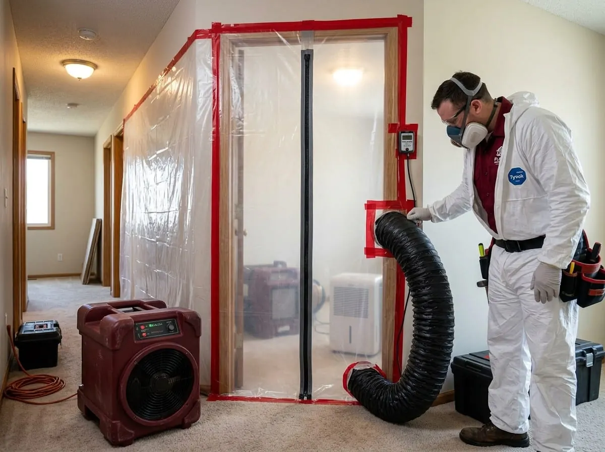 Technician setting up containment ahead of a mold inspection