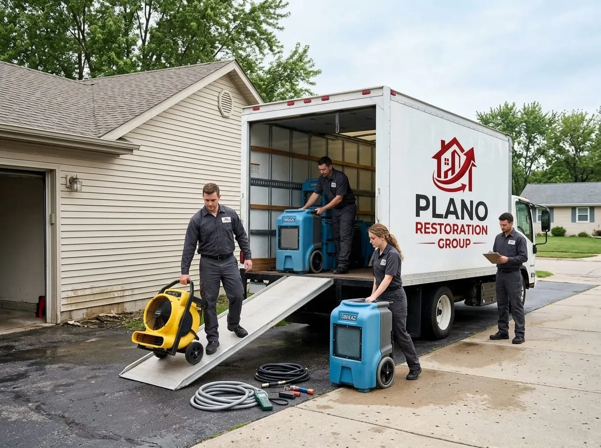 Restoration crew unloading equipment from a service truck at a Murphy-area driveway