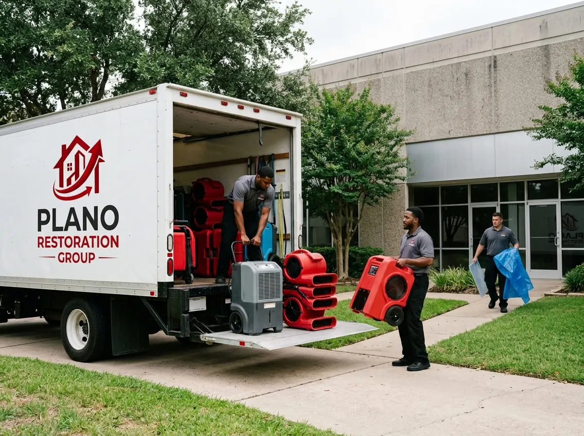 Restoration crew unloading equipment from a truck outside a commercial building