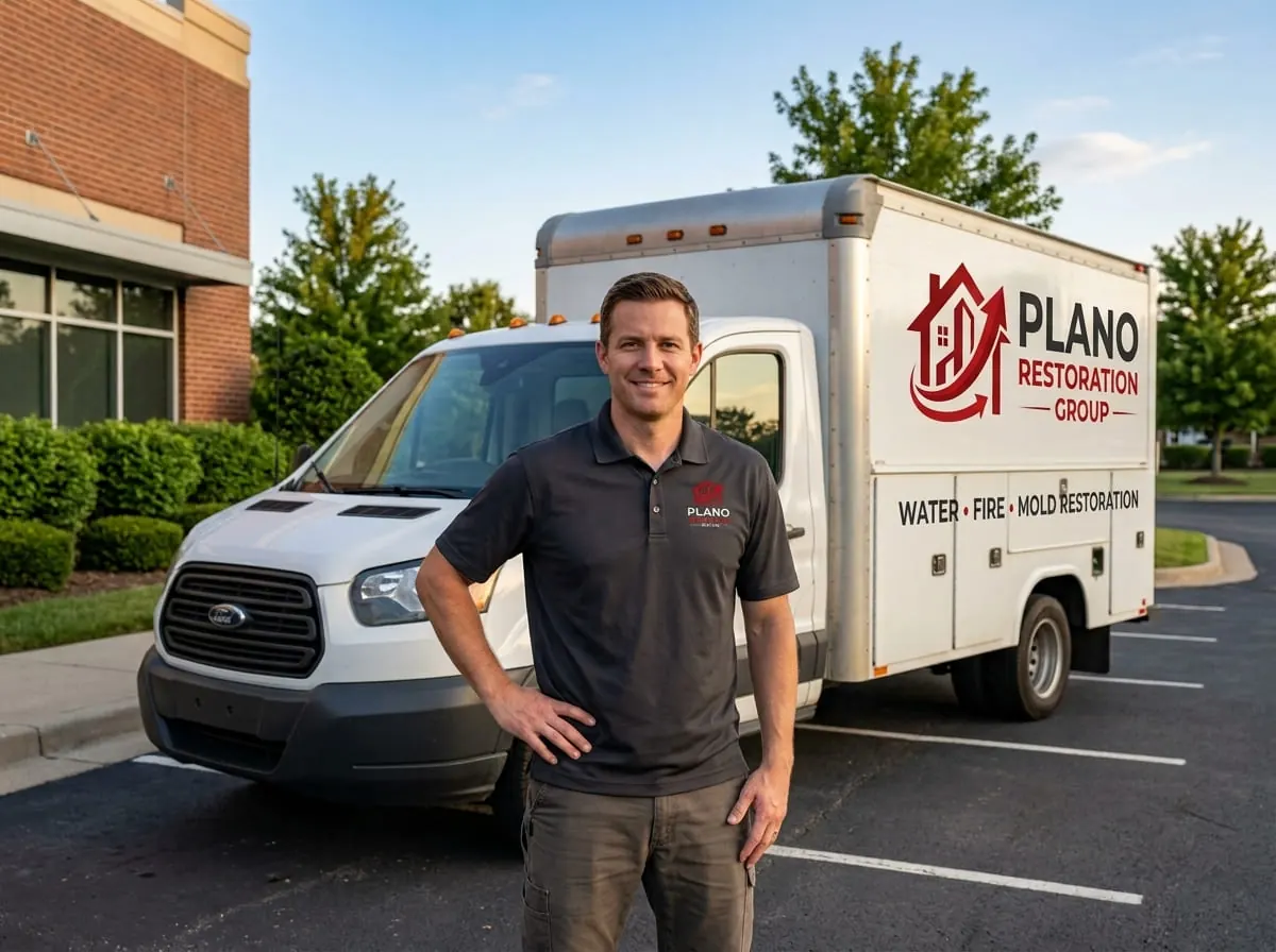 Restoration technician standing beside a branded service van, ready to respond to a call