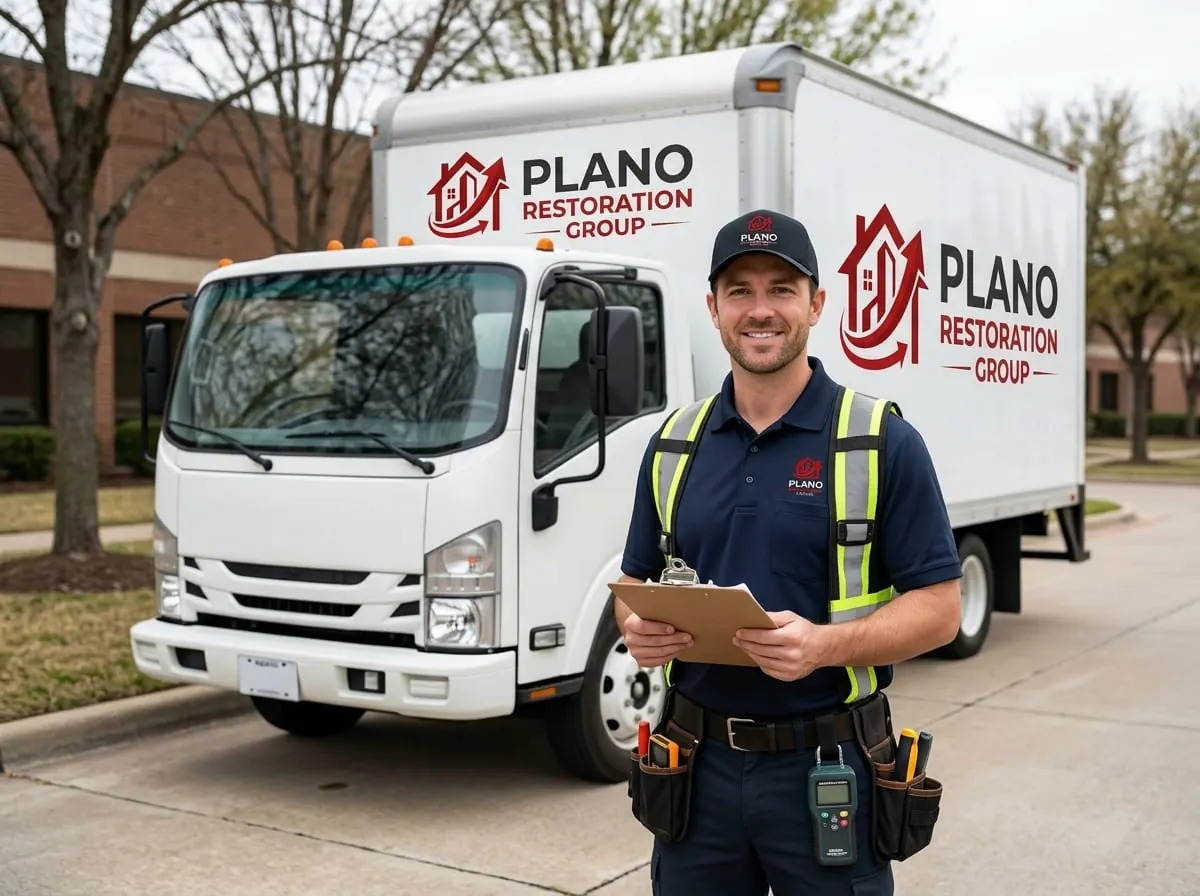 Restoration technician standing beside a branded company truck
