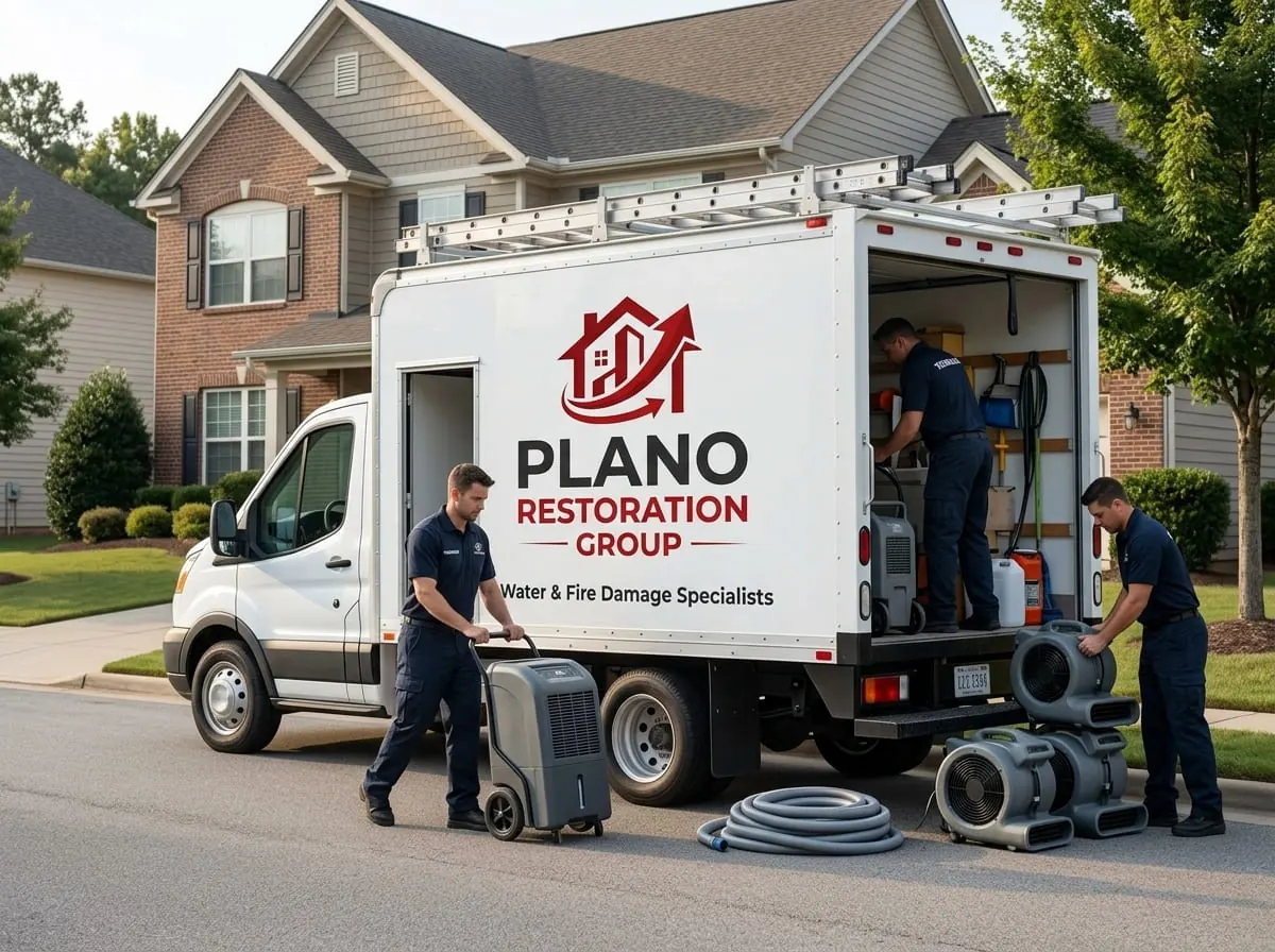 Restoration crew unloading air movers and hose from a service truck