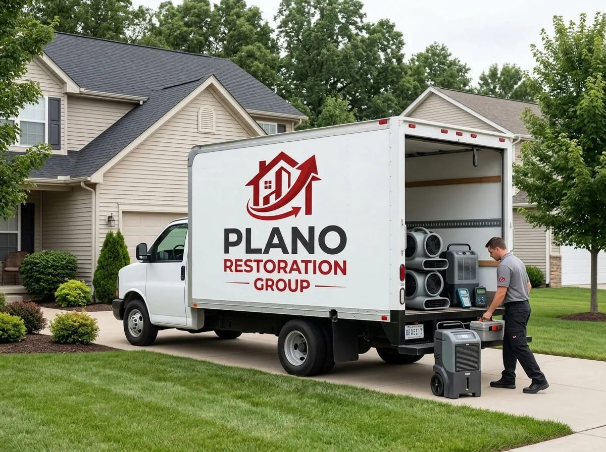 Technician unloading dehumidifiers and air movers from a restoration truck outside a home