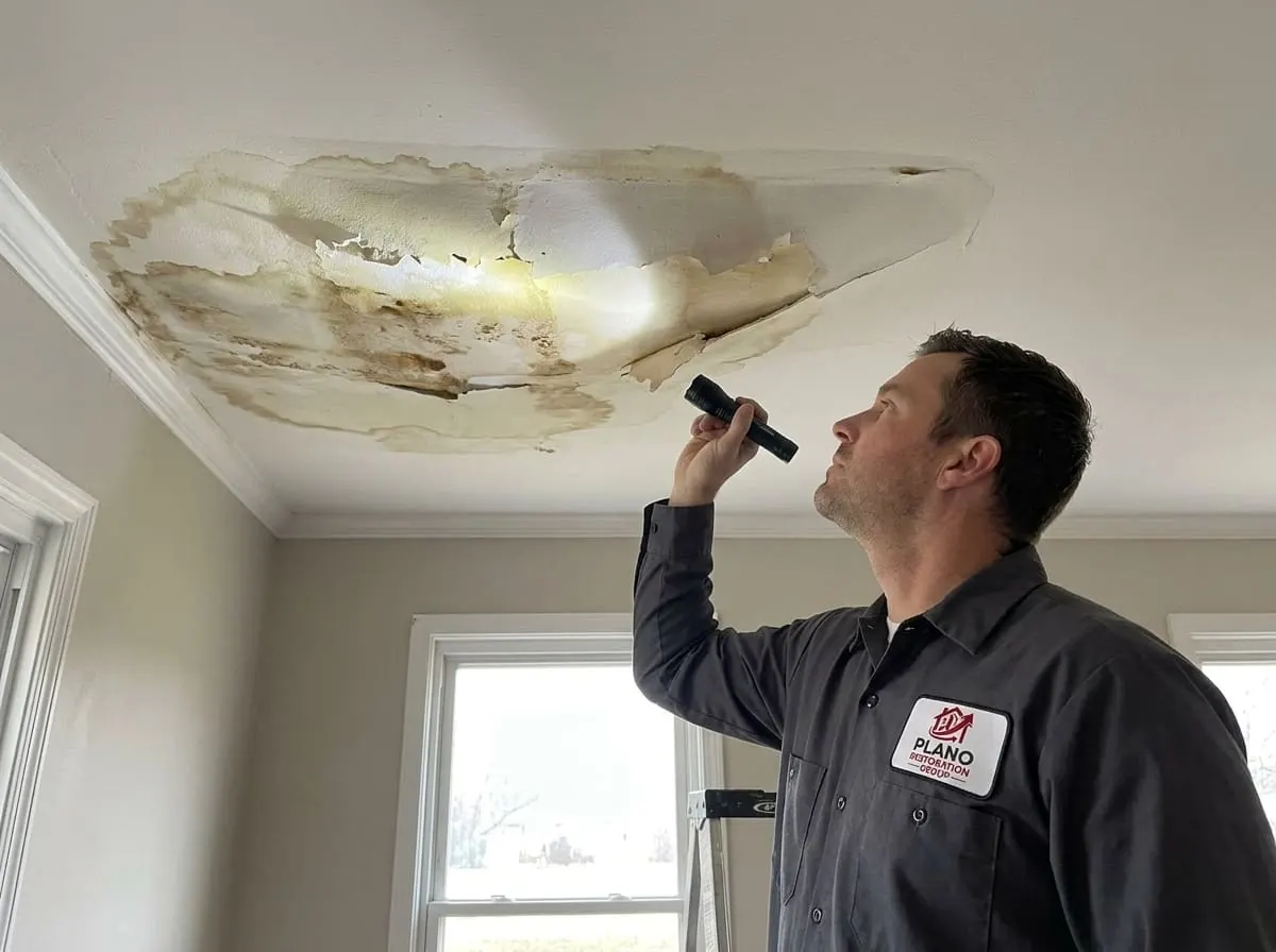 Technician closely inspecting and documenting ceiling water damage