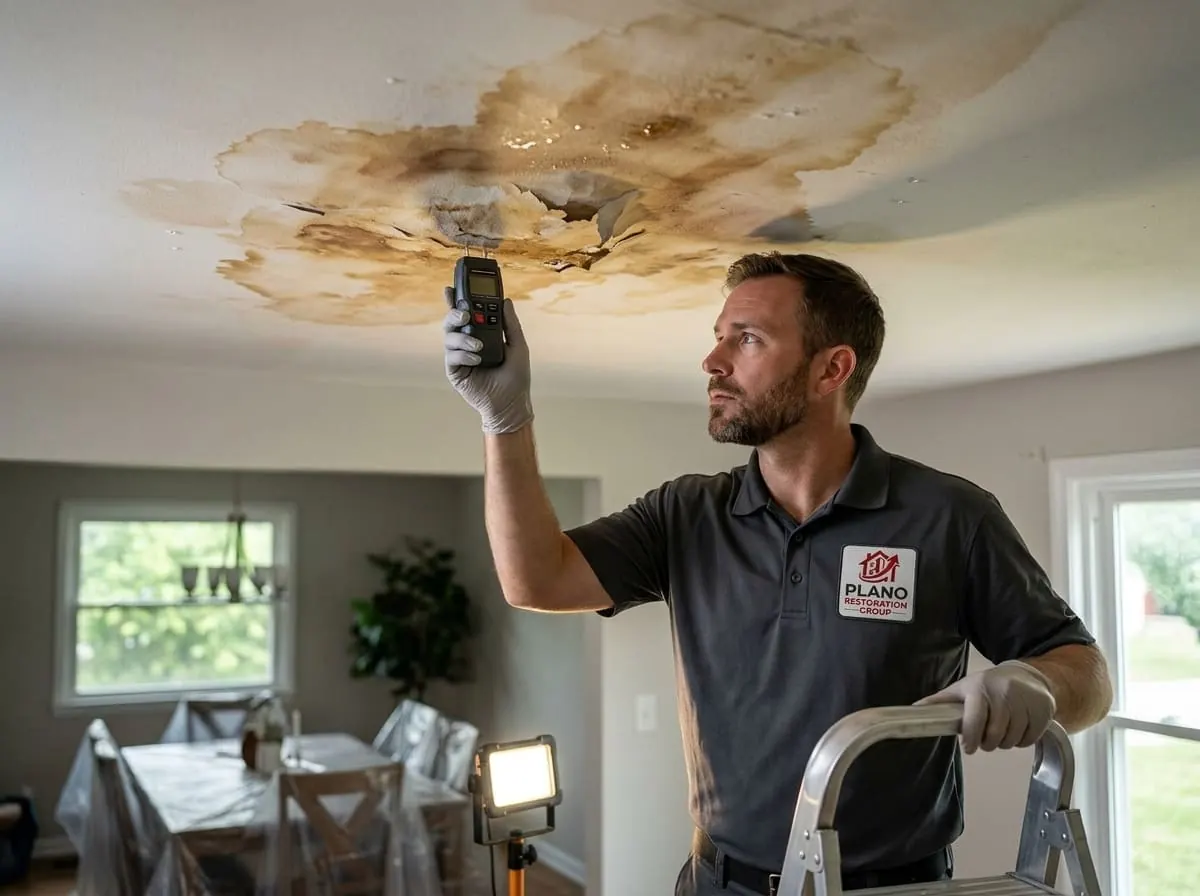 Technician inspecting a water stain on a ceiling with a flashlight
