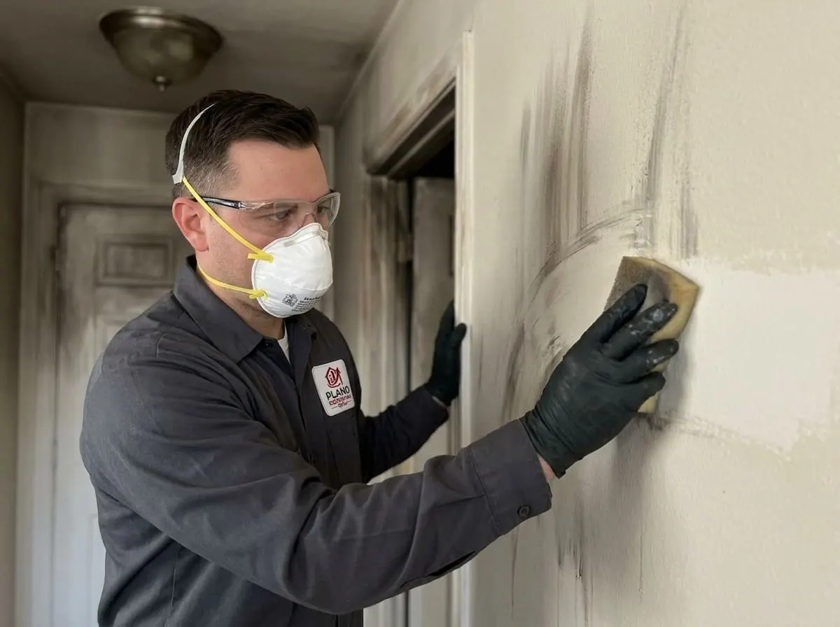 Technician sponge-cleaning soot residue from a wall after a house fire