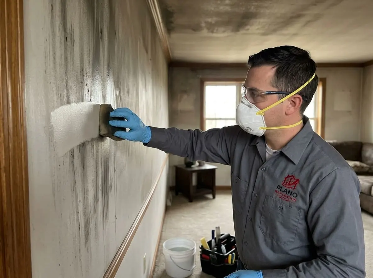 Technician cleaning soot staining from a wall in a fire-damaged hallway