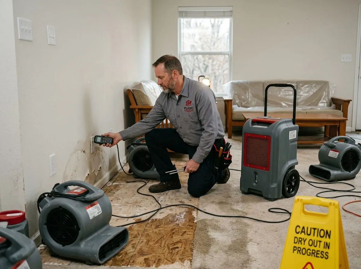 Technician checking a wall with a moisture meter beside a caution, dry-out in progress sign