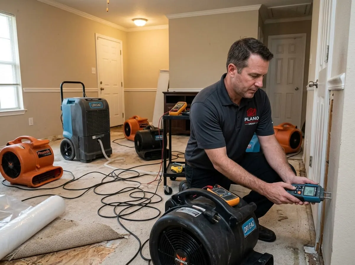 Technician setting up air movers and a dehumidifier in a water-damaged room
