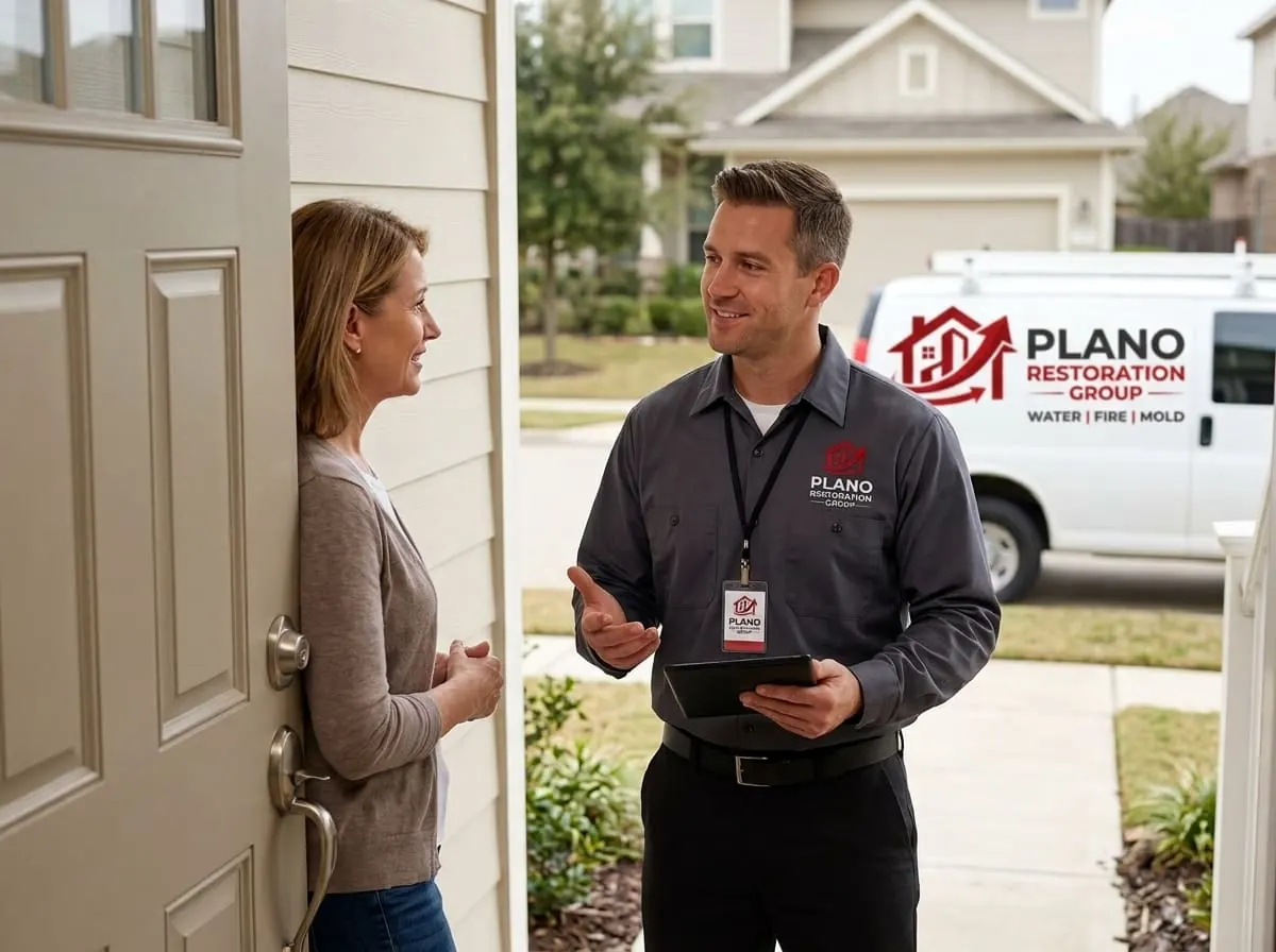 Restoration technician speaking with a homeowner at her front door