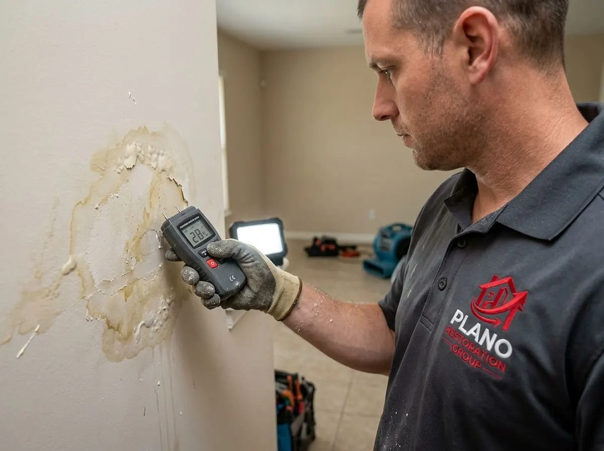 Technician using a pin-type moisture meter to check a wall for a hidden slab leak