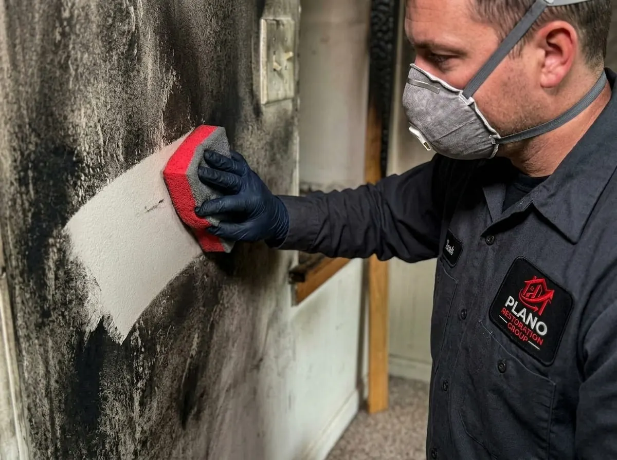 Technician wiping soot residue from a surface after an electrical fire