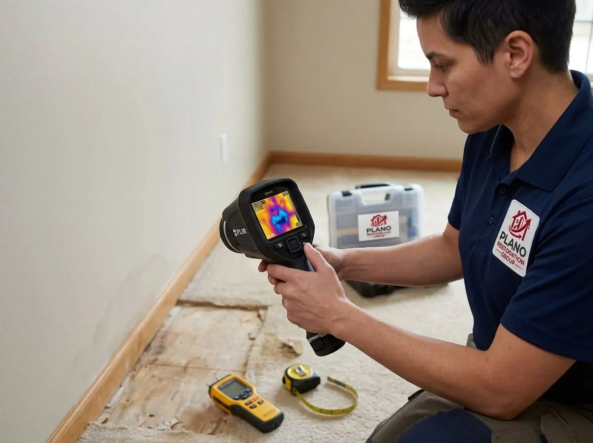 Technician using a thermal imaging camera to check for hidden moisture behind a wall