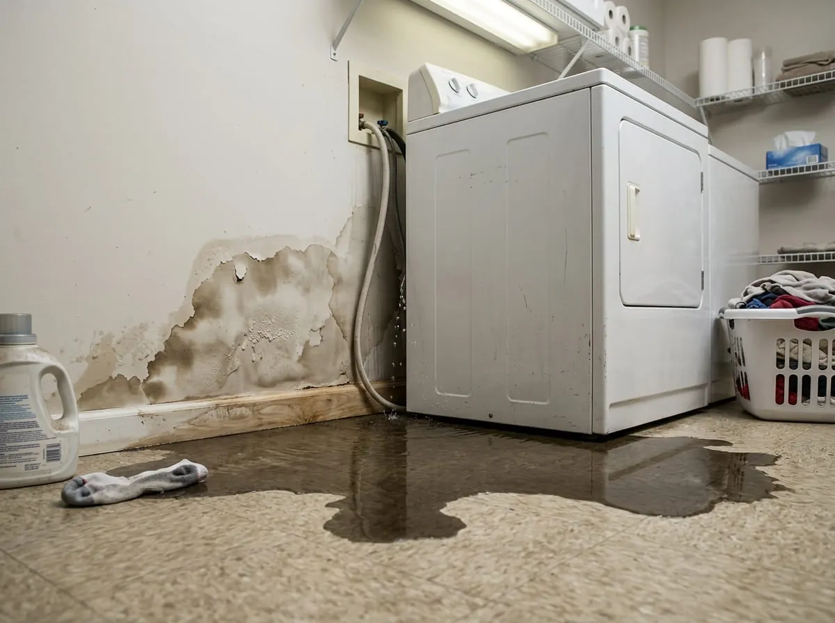 Water pooling on the floor near a leaking washing machine supply line